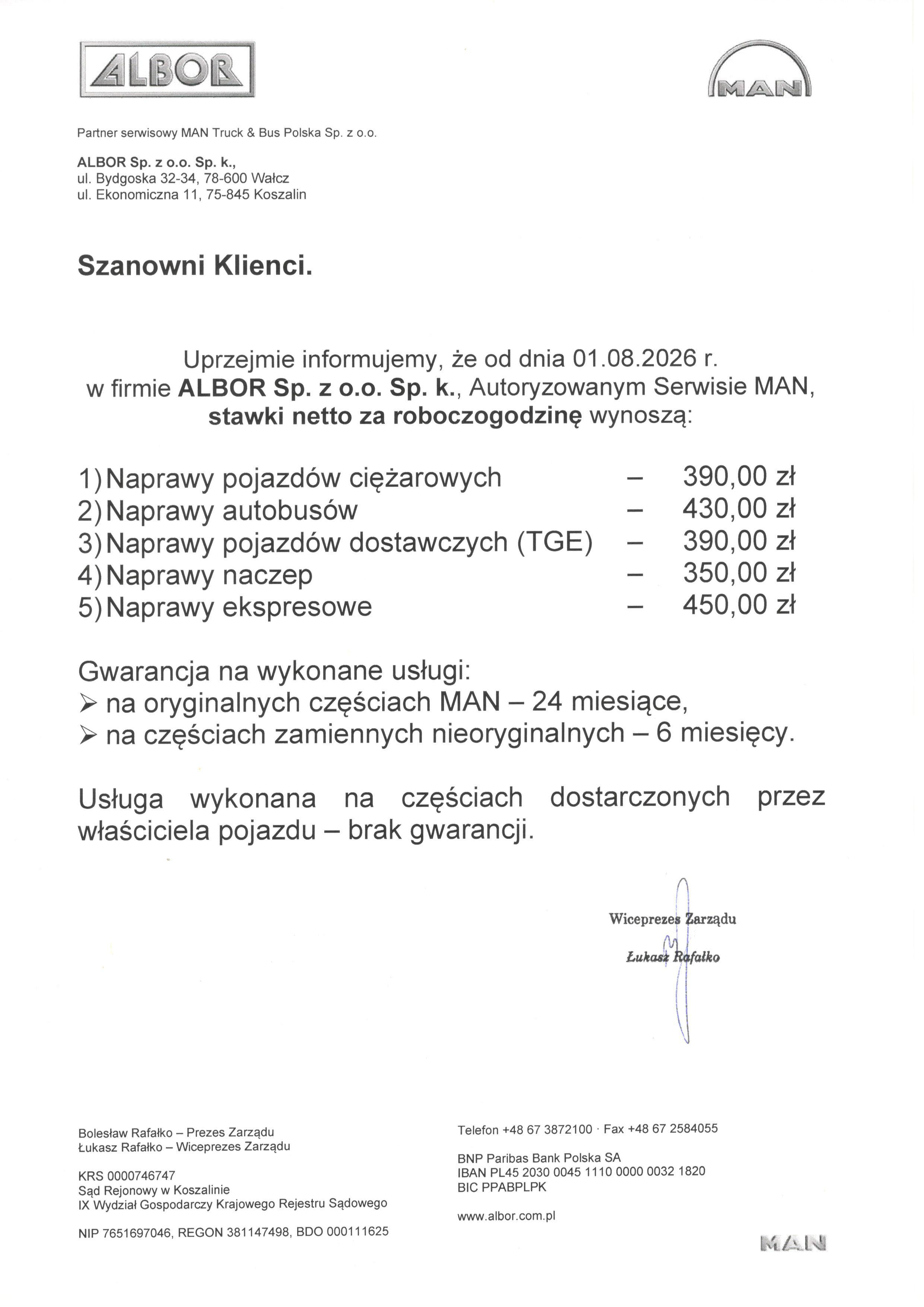 ALBOR - stawki za roboczogodziny